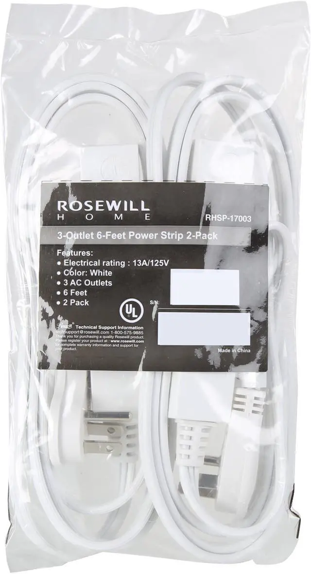 Alt view image 5 of 5 - Rosewill 3-Outlet 6-Foot Power Strip 2-Pack RHSP-17003 - White