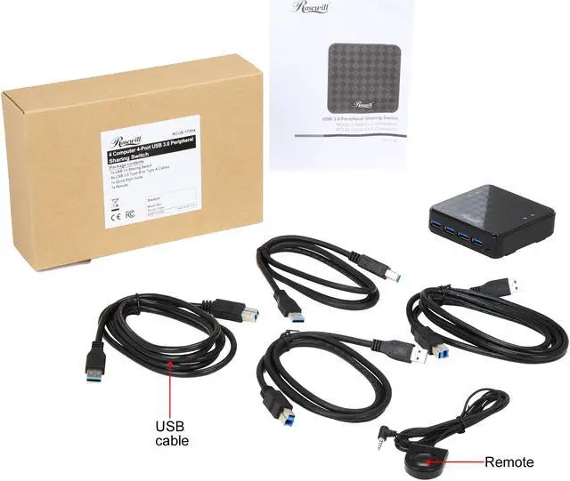 Alt view image 5 of 5 - Rosewill USB 3.0 Sharing Switch Box, 4 Port USB 3.0 Peripheral Switch Hub Adapter for 4 Computers to Share USB Devices, PC Select Controller w/ 70-inch Cable, 4 USB 3.0 Cables Included - RCUS-17004