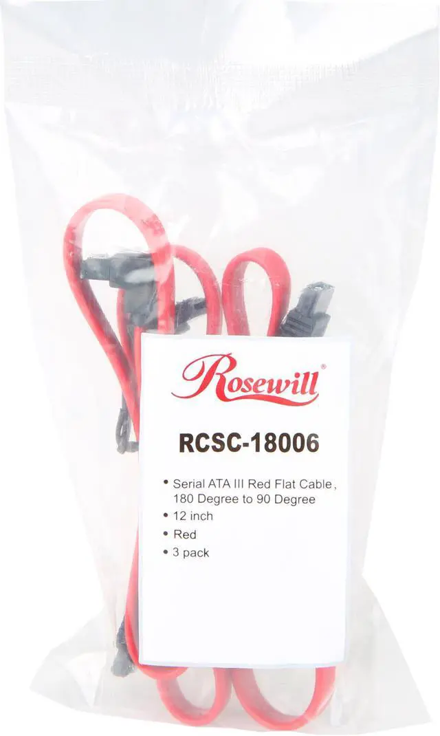 Alt view image 3 of 3 - Rosewill RCSC-18006 [3-Pack] SATA Cable 90 Degree Right Angle SATA III 6.0 Gbps, SATA Cable 12 Inches, SATA 3 Cable - 12 Inches, Red, 3-Pack