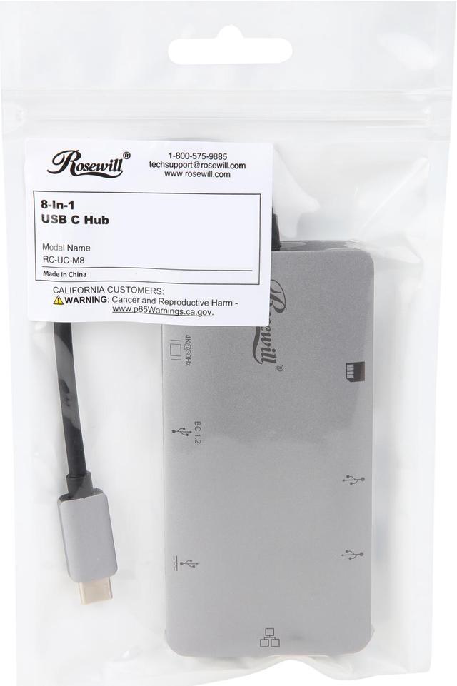 Alt view image 6 of 6 - Rosewill RC-UC-M8 USB C Hub, 8-In-1 Type C Hub with Ethernet Port, 4K USB C to HDMI, 3 USB 3.0 Ports, SD/TF Card Reader, USB-C Power Delivery, Portable for Mac Pro and Other Type C Laptops