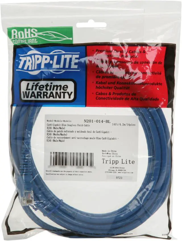 Alt view image 3 of 3 - TRIPP LITE N201-014-BL 14 ft. Cat 6 Blue Gigabit Snagless Patch Cable