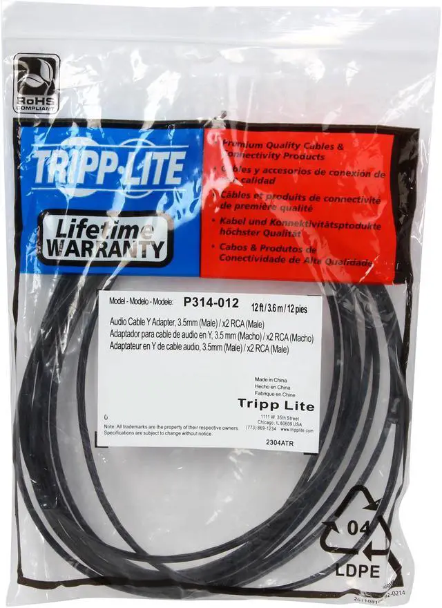 Alt view image 3 of 3 - Tripp Lite P314-012 Audio Y Splitter Adapter 3.5MM Plug/2 RCA Plugs Male to Male