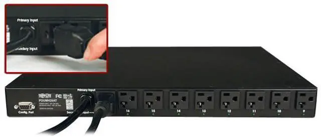 Alt view image 3 of 5 - Tripp Lite Metered PDU with ATS, 1.9 kW Single-Phase 120V (16 x 5-15/20R), 2 x L5-20P / 5-20P adapters, 2 x 12 Feet Cords, 1U Rack-Mount, TAA (PDUMH20AT)