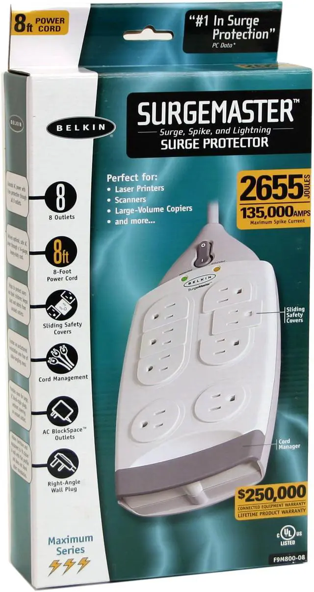 BELKIN F9M800-08 8 feet 8 Outlets 2655 joule Maximum Series SurgeMaster ...