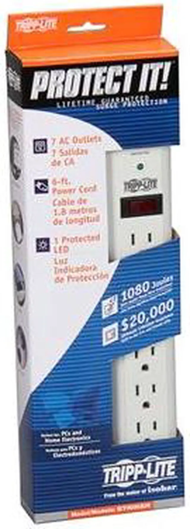 Alt view image 4 of 4 - Tripp Lite STRIKER 7 Outlets 1080 Joules 6' Cord Protect It! Surge Suppressor
