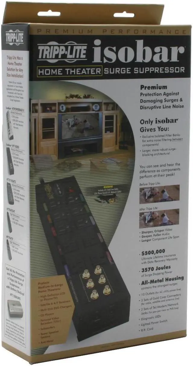 Alt view image 6 of 6 - Tripp Lite HT10DBS Isobar 10-Outlet Home/Business Theater Surge Protector, 8 ft. Cord with Right-Angle Plug, 3840 Joules, LEDs, Metal Housing