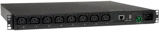 Main image of Tripp Lite Switched PDU, 3.2 - 3.8 kW Single-Phase 200 - 240V Outlets (8 x C13), C20 / L6-20P input, 8.5 Feet Cord, 1U Rack-Mount, TAA (PDUMH20HVNET)