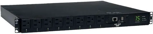 Main image of Tripp Lite Switched PDU with ATS, 1.4kW Single-Phase 120V (8 5-15R), 2 5-15P, 100 - 127V Input, 2 12 ft. Cords, 1U Rack-Mount, TAA (PDUMH15ATNET)
