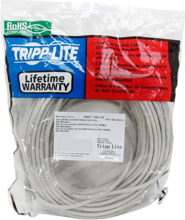 Alt view image 3 of 3 - TRIPP LITE N001-100-GY 100 ft. Cat 5E Gray Snagless Cat5e Molded Patch Cable