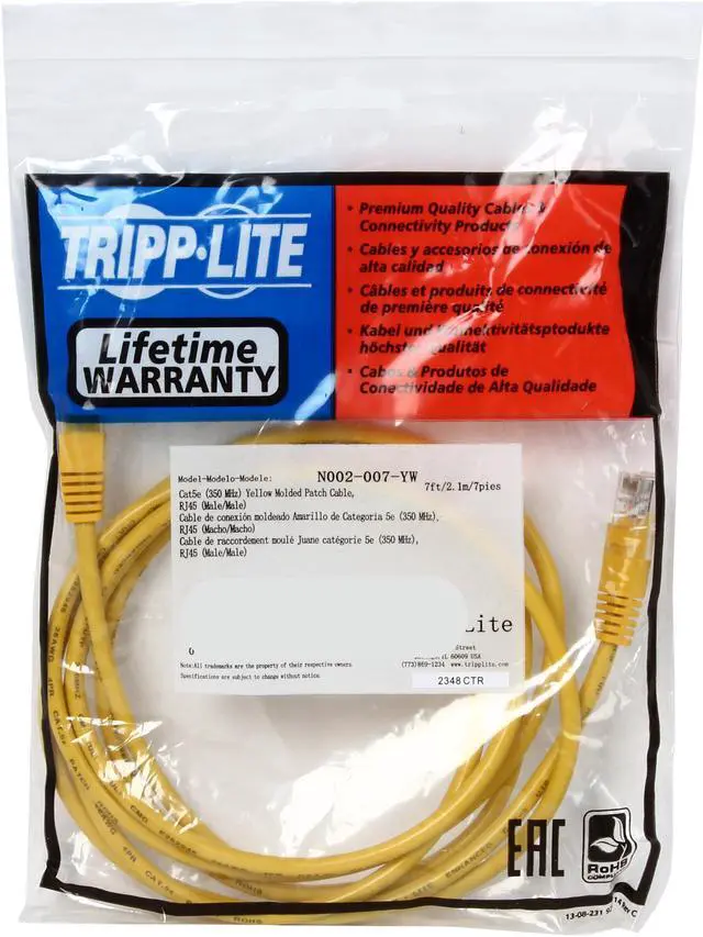 Alt view image 3 of 3 - TRIPP LITE N002-007-YW 7 ft. Cat 5E Yellow Cat5e 350MHz Molded Patch Cable