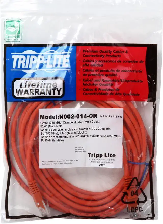 Alt view image 3 of 3 - TRIPP LITE N002-014-OR 14 ft. Cat 5E Orange Cat5e 350MHz Molded Patch Cable