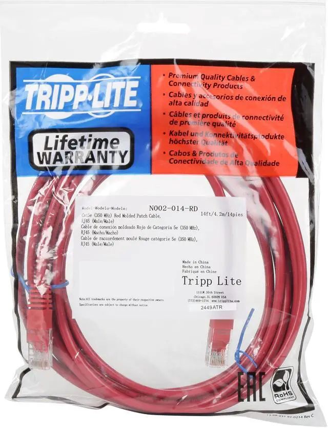 Alt view image 3 of 4 - TRIPP LITE N002-014-RD 14 ft. Cat 5E Red Cat5e 350MHz Molded Patch Cable