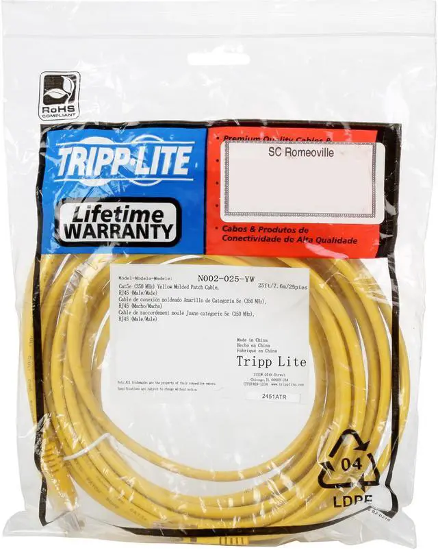 Alt view image 3 of 3 - TRIPP LITE N002-025-YW 25 ft. Cat 5E Yellow Cat5e 350MHz Molded Patch Cable