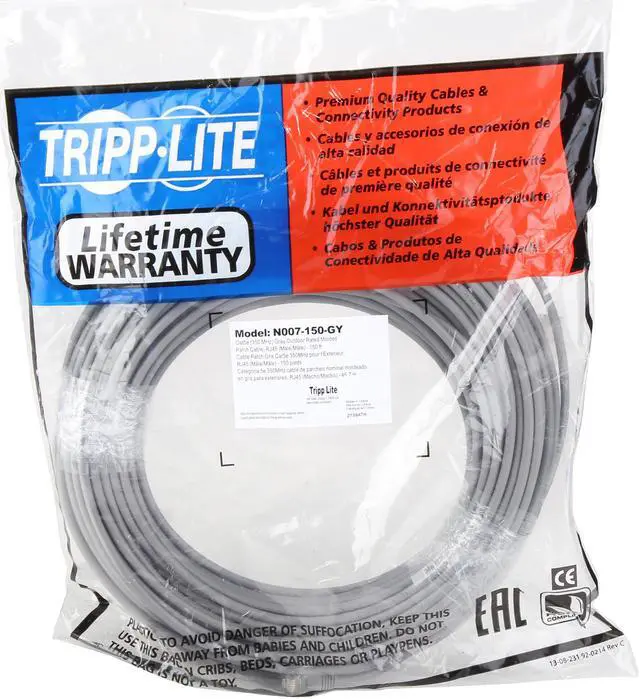Alt view image 3 of 3 - TRIPP LITE N007-150-GY 150 ft. Cat 5E Gray Cat5e 350MHz Molded Outdoor Rated Patch Cables
