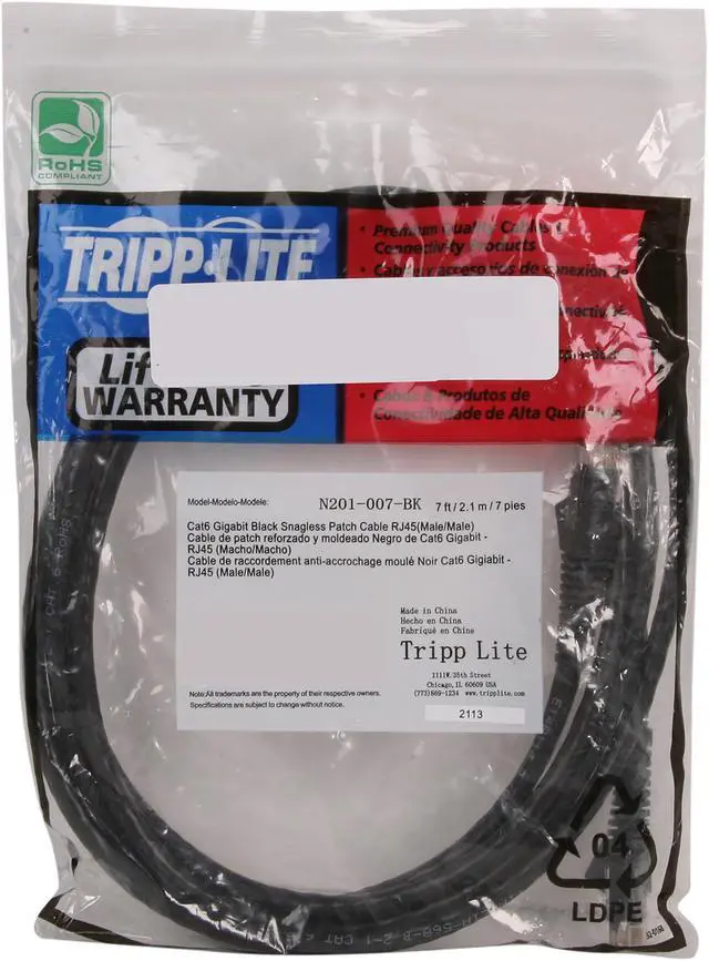 Alt view image 3 of 3 - TRIPP LITE N201-007-BK 7 ft. Cat 6 Black Cat6 Gigabit Snagless Patch Cable