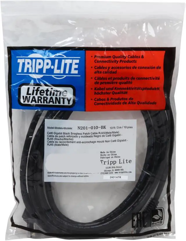 Alt view image 3 of 3 - TRIPP LITE N201-010-BK 10 ft. Cat 6 Black Cat6 Gigabit Snagless Patch Cable