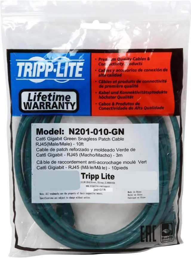 Alt view image 3 of 3 - TRIPP LITE N201-010-GN 10 ft. Cat 6 Green Cat6 Gigabit Snagless Patch Cable