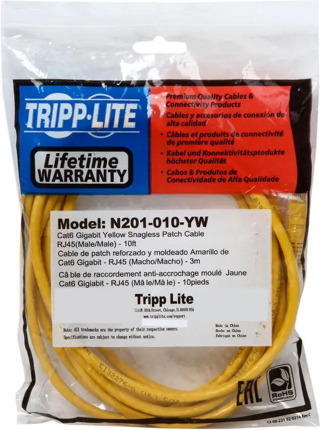 Alt view image 3 of 3 - TRIPP LITE N201-010-YW 10 ft. Cat 6 Yellow Cat6 Gigabit Snagless Patch Cable