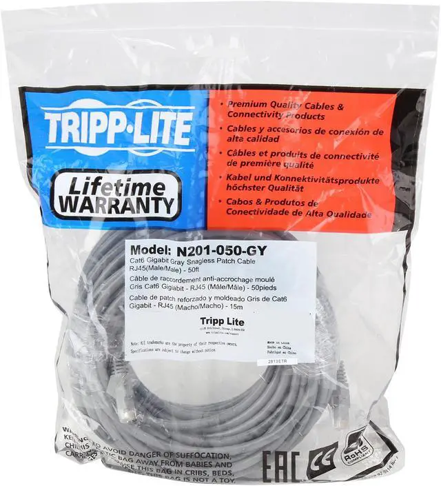 Alt view image 3 of 3 - TRIPP LITE N201-050-GY 50 ft. Cat 6 Gray Cat6 Gigabit Snagless Patch Cable