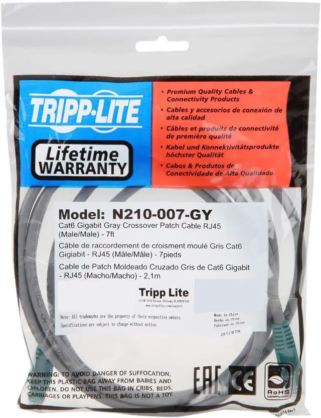Alt view image 3 of 3 - TRIPP LITE N210-007-GY 7 ft. Cat 6 (Crossover) Gray Cat6 Gigabit Cross-over Molded Patch Cable