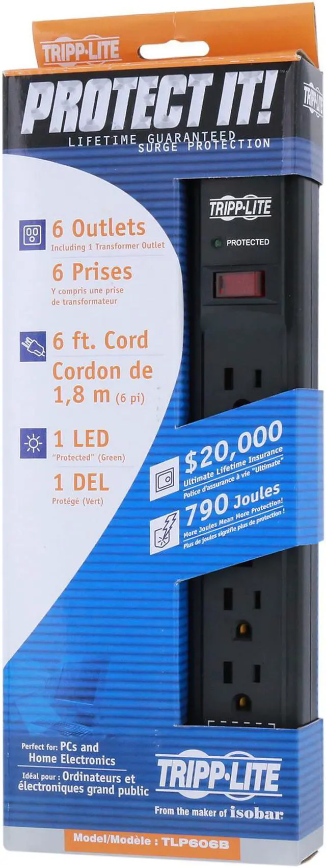 Alt view image 8 of 8 - Eaton Tripp Lite Series Protect It! 6-Outlet Surge Protector, 6 ft. Cord, 790 Joules, Diagnostic LED, Black Housing - 6 x NEMA 5-15R - 1800 VA - 790 J - 120 V AC Input - 120 V AC Output