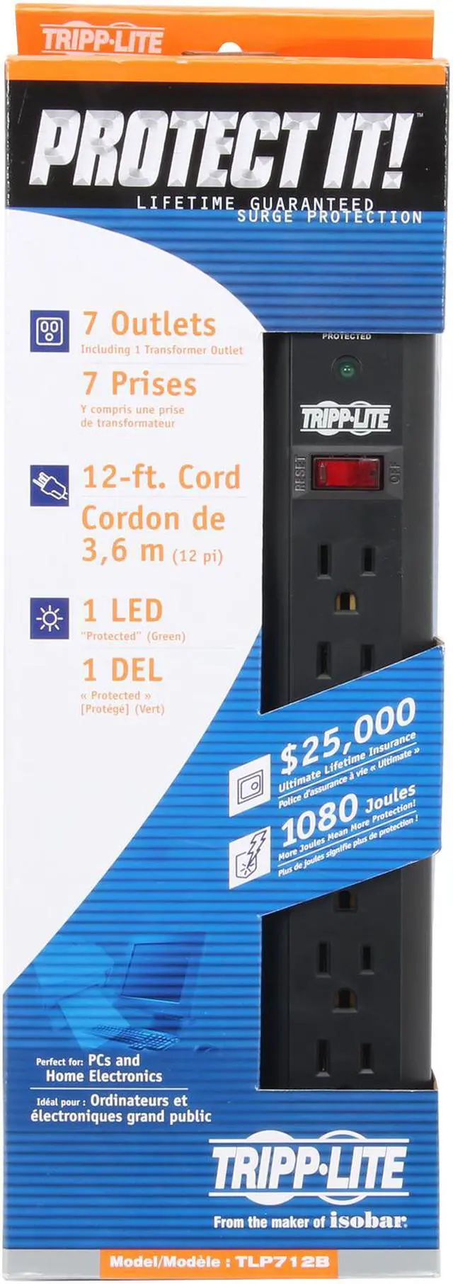 Alt view image 6 of 6 - Tripp Lite TLP712B 7 Outlets 1080 Joules 12 Feet Cord Black Protect It! Surge Suppressor