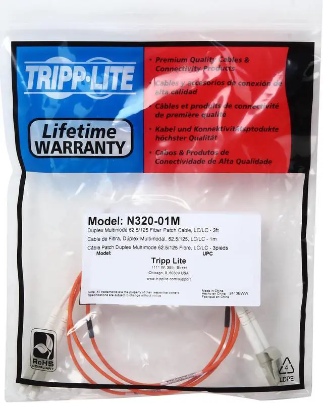 Alt view image 3 of 3 - Tripp Lite N320-01M 3 ft. Multimode Fiber Optics Duplex MMF 62.5/125 Patch Cable - LC/LC