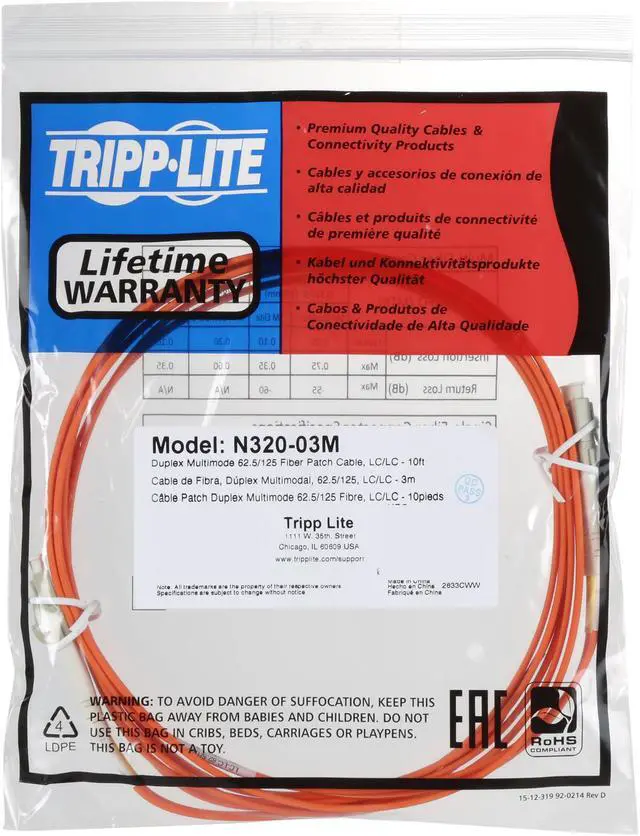 Alt view image 3 of 3 - Tripp Lite N320-03M 10 ft. Multimode Fiber Optics Duplex MMF 62.5/125 Patch Cable - LC/LC