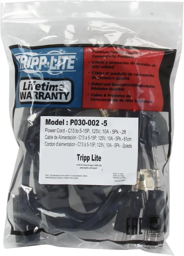 Alt view image 3 of 3 - Tripp Lite Model P030-002-5 2 ft. 5-Pack of 2-ft. 18AWG Power Cords, NEMA 5-15P to IEC-320-C13