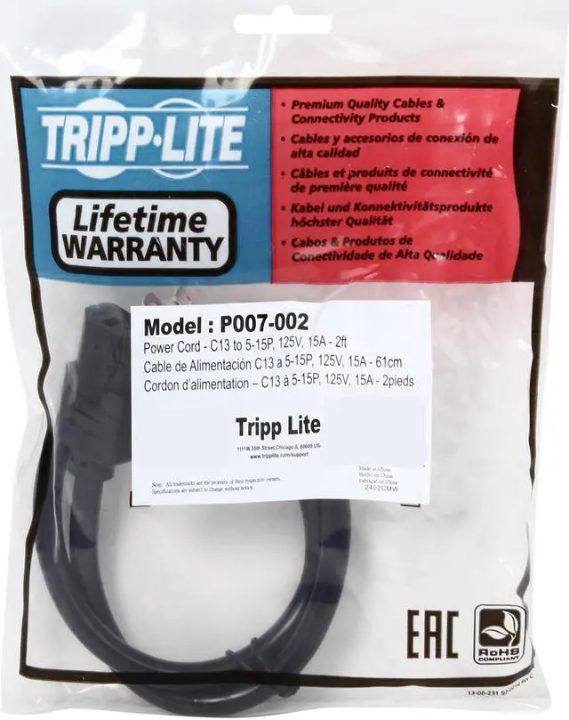 Alt view image 3 of 3 - Tripp Lite Model P007-002 2 ft. Heavy-Duty 14AWG Power cord (IEC-320-C13 to NEMA 5-15P)