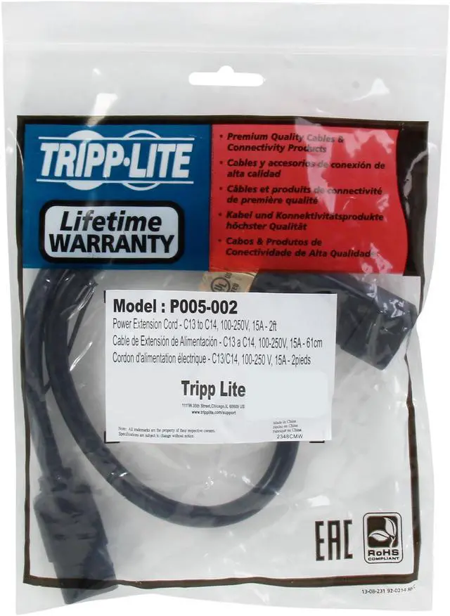 Alt view image 3 of 3 - Tripp Lite Model P005-002 2 ft. Heavy-Duty 14AWG Power cord (IEC-320-C13 to IEC-320-C14)