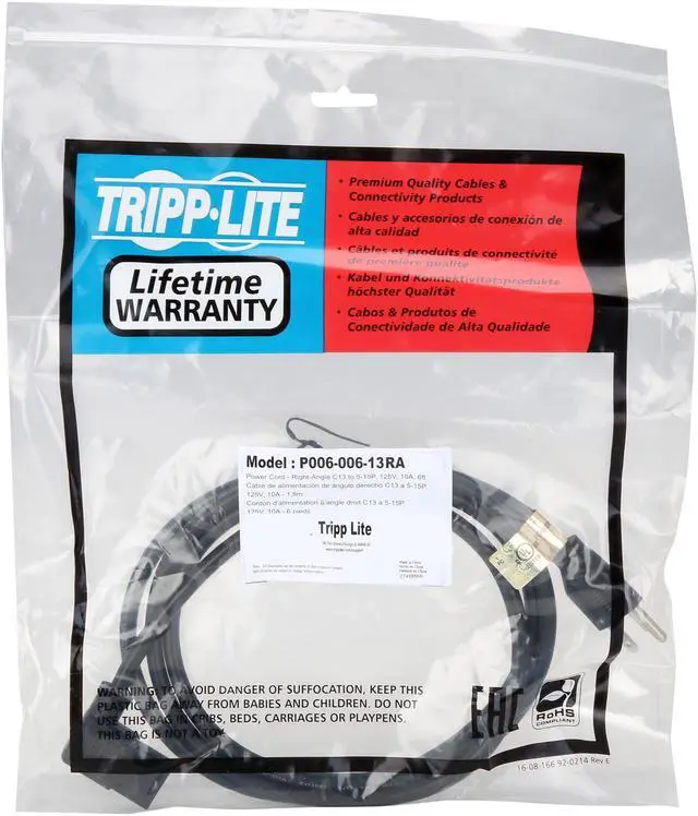 Alt view image 3 of 3 - Tripp Lite Model P006-006-13RA 6 ft. 18AWG Power cord (NEMA 5-15P to IEC-320-C13 Right Angle)