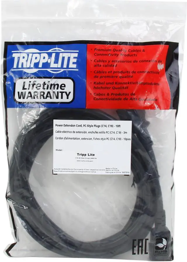 Alt view image 3 of 3 - Tripp Lite Model P047-010 10 ft. 14AWG Heavy Duty Power cord (IEC-320-C19 to IEC-320-C14)