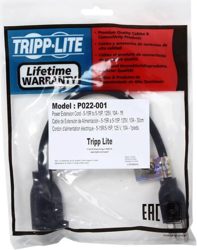 Alt view image 3 of 3 - Tripp Lite Model P022-001 1 ft. Power Extension Cord, NEMA 5-15P to NEMA 5-15R - 10A, 120V, 18 AWG, 1 ft. Black