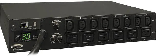 Main image of Tripp Lite 5.8 kWatts Single-Phase Switched PDU with LX Platform Interface, 208 / 240V Outlets (8 x  C13 & 6 x C19), L6-30P input, 15.0 Feet Cord, 2U Rack-Mount, TAA (PDUMH30HV19NET)