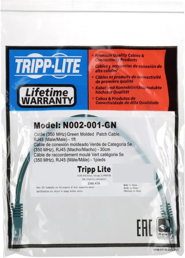 Alt view image 3 of 3 - TRIPP LITE N002-001-GN 1 ft. Cat 5E Green Cat5e 350MHz Molded Cable