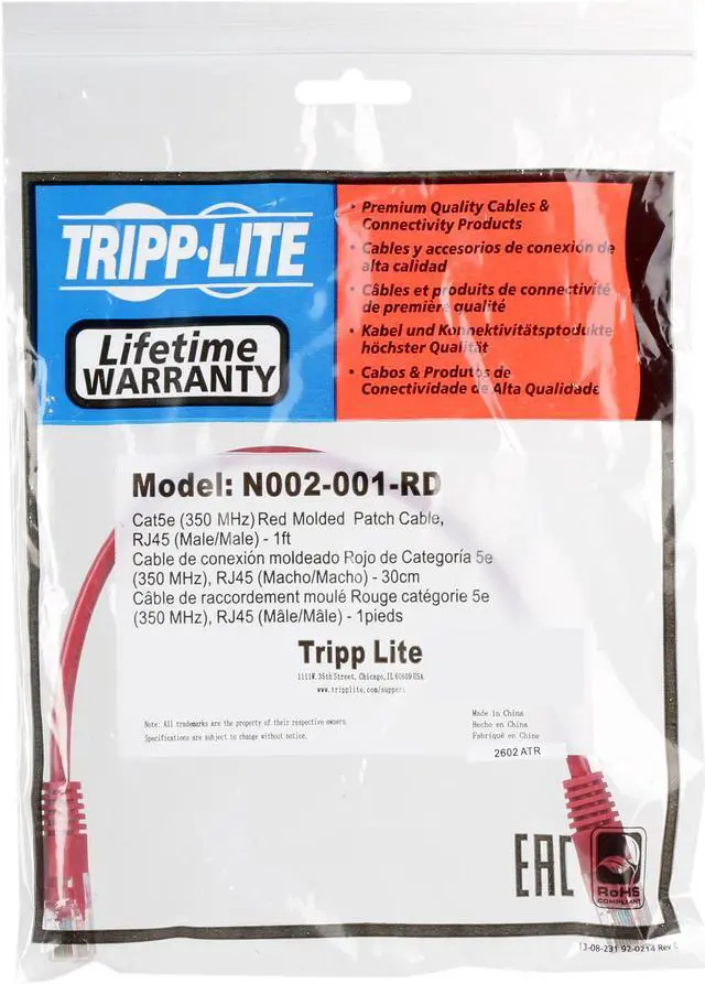 Alt view image 3 of 3 - TRIPP LITE N002-001-RD 1 ft. Cat 5E Red Cat5e 350MHz Molded Cable