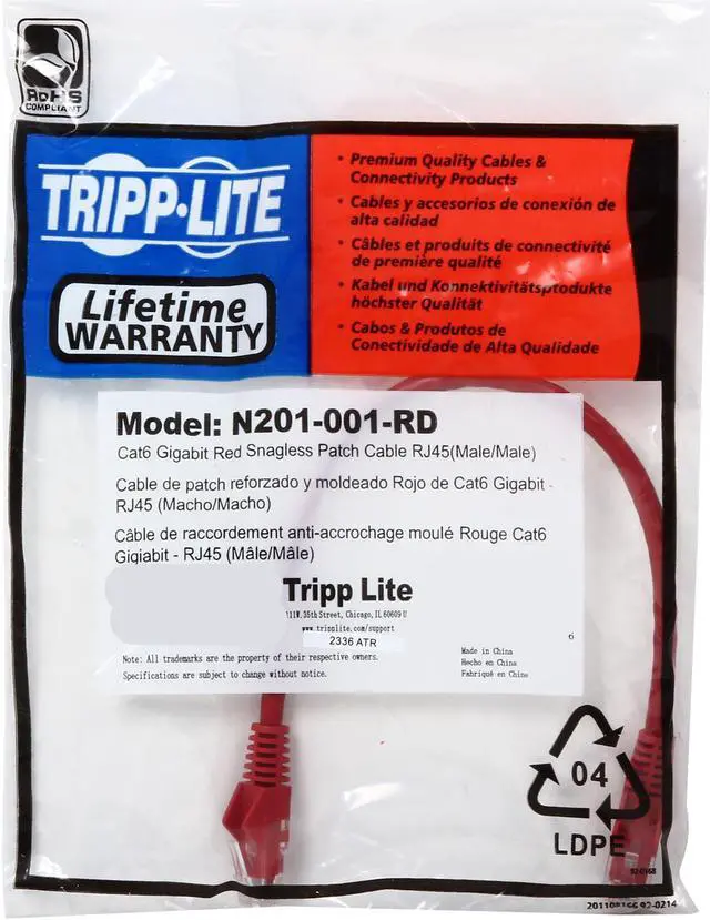 Alt view image 3 of 3 - TRIPP LITE N201-001-RD 1 ft. Cat 6 Red Gigabit Snagless Molded Patch Cable