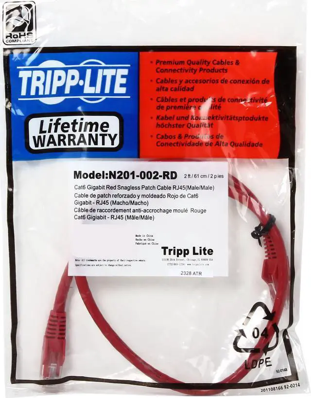 Alt view image 3 of 3 - TRIPP LITE N201-002-RD 2 ft. Cat 6 Red Gigabit Snagless Molded Patch Cable