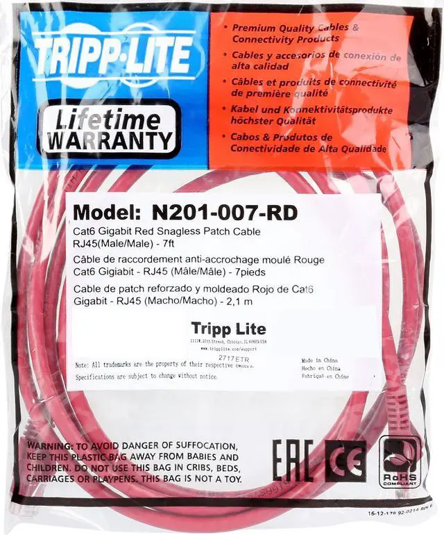 Alt view image 3 of 3 - TRIPP LITE N201-007-RD 7 ft. Cat 6 Red Gigabit Snagless Molded Patch Cable