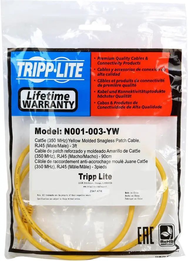 Alt view image 3 of 3 - TRIPP LITE N001-003-YW 3 ft. Cat 5E Yellow 350MHz Snagless Molded Cable
