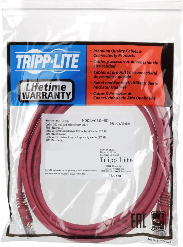 Alt view image 3 of 4 - TRIPP LITE N002-010-RD 10 ft. Cat 5E Red 350MHz Molded Cable