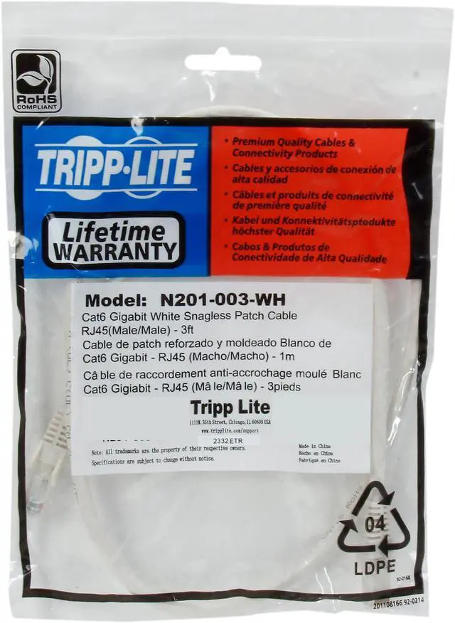 Alt view image 3 of 3 - TRIPP LITE N201-003-WH 3 ft. Cat 6 White Gigabit Snagless Molded Patch Cable