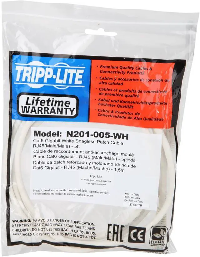 Alt view image 3 of 3 - TRIPP LITE N201-005-WH 5 ft. Cat 6 White Gigabit Snagless Molded Patch Cable