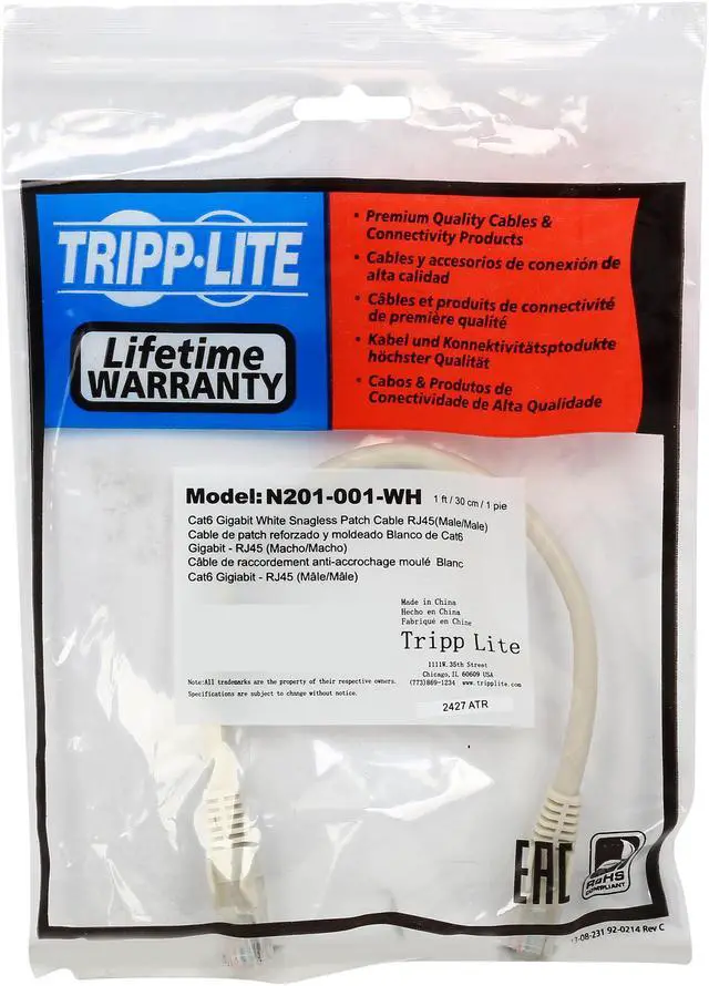 Alt view image 3 of 3 - TRIPP LITE N201-001-WH 1 ft. Cat 6 White Gigabit Snagless Molded Patch Cable