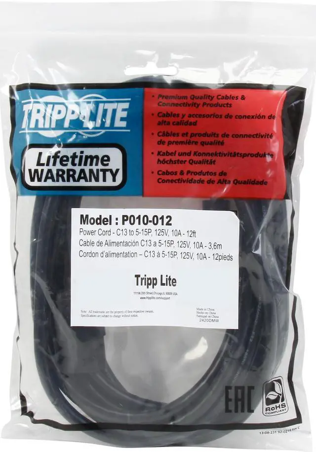 Alt view image 3 of 3 - Tripp Lite P010-012 Desktop Computer Power Cord, 5-15P to C13 - 10A, 125V, 18 AWG, 12 ft., Black