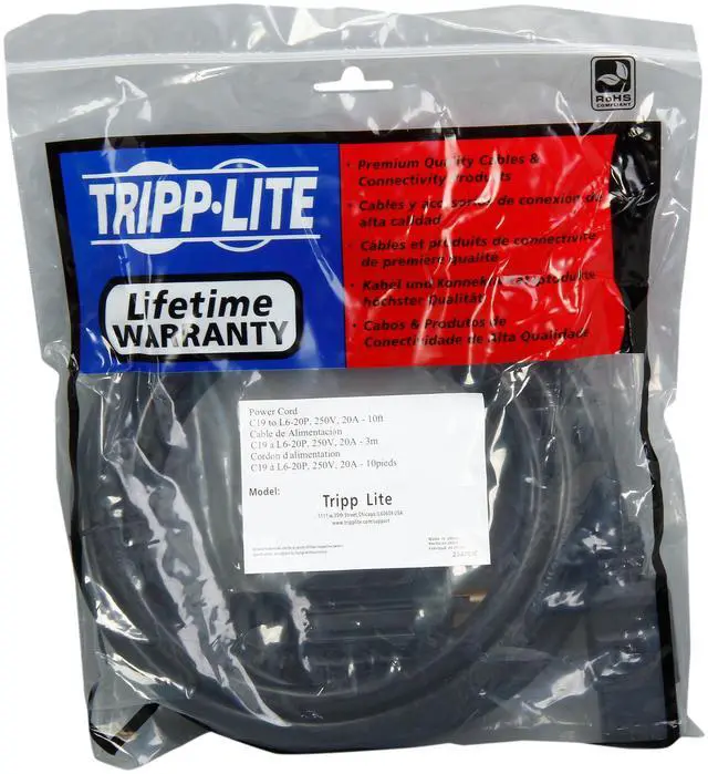 Alt view image 3 of 3 - Tripp Lite Model P040-010 10 ft. IEC-320-C19 to IEC-320-L6-20P 12AWG Heavy Duty Power Cable