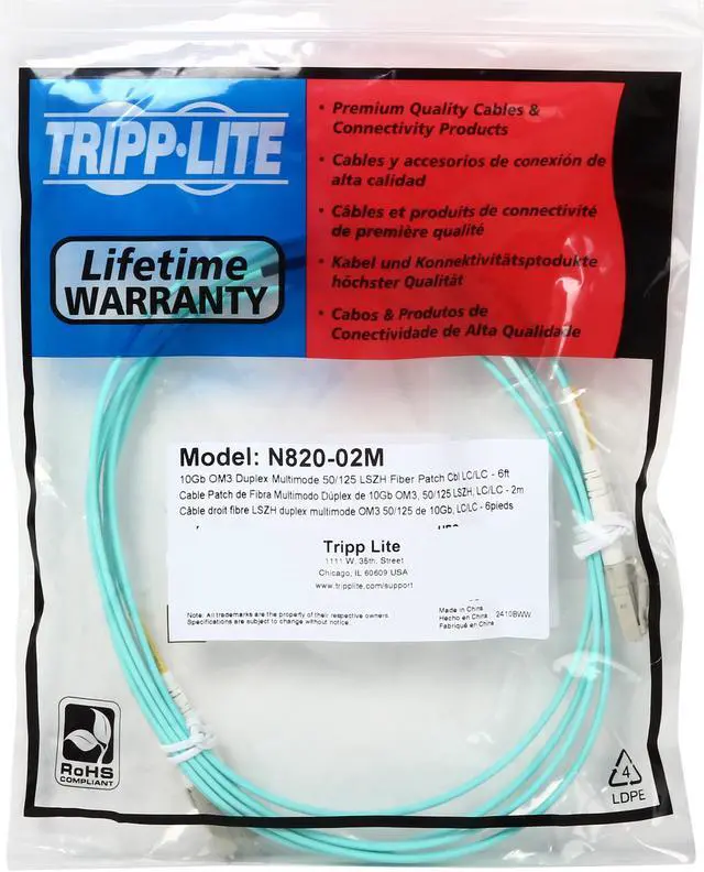 Alt view image 3 of 3 - Tripp Lite N820-02M 6 ft. 10Gb Duplex MMF 50/125 OM3 LSZH Patch Cable (LC/LC)
