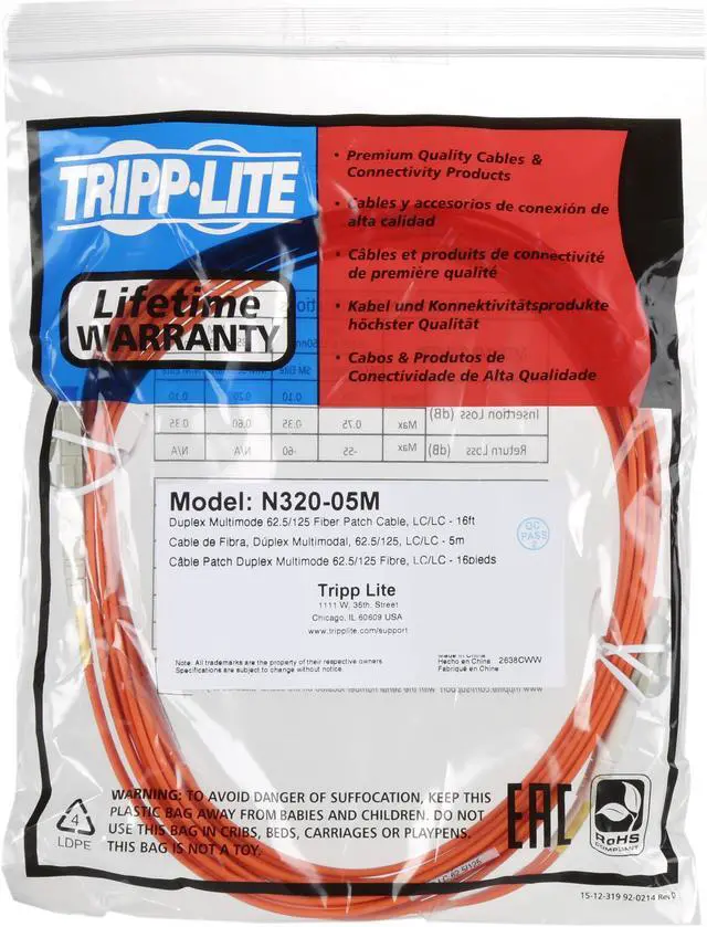 Alt view image 3 of 3 - Tripp Lite N320-05M 16 ft. Duplex MMF 62.5/125 Patch Cable (LC/LC)