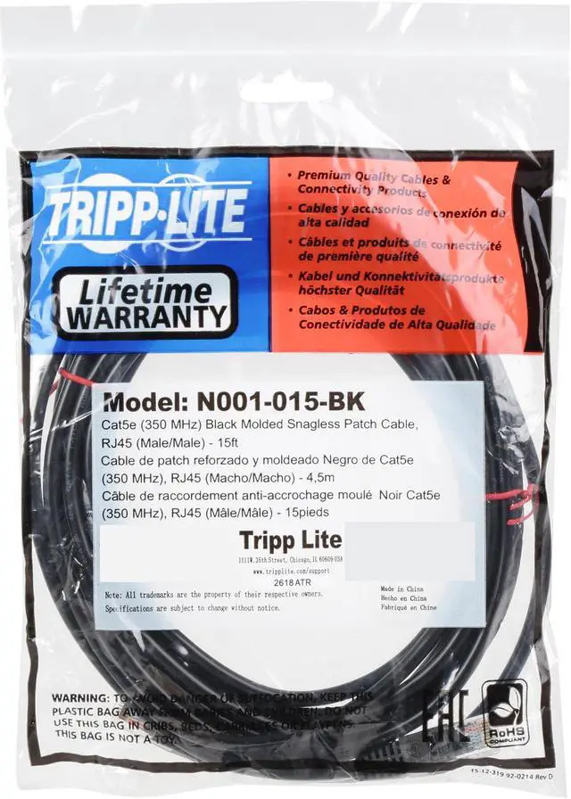 Alt view image 3 of 3 - TRIPP LITE N001-015-BK 15 ft. Cat 5E Black Network Cable